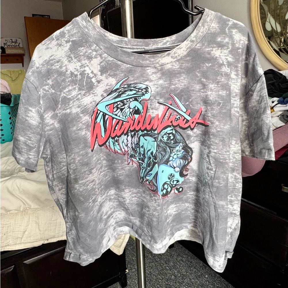 Gray Graphic Tee with Pink and Blue Design